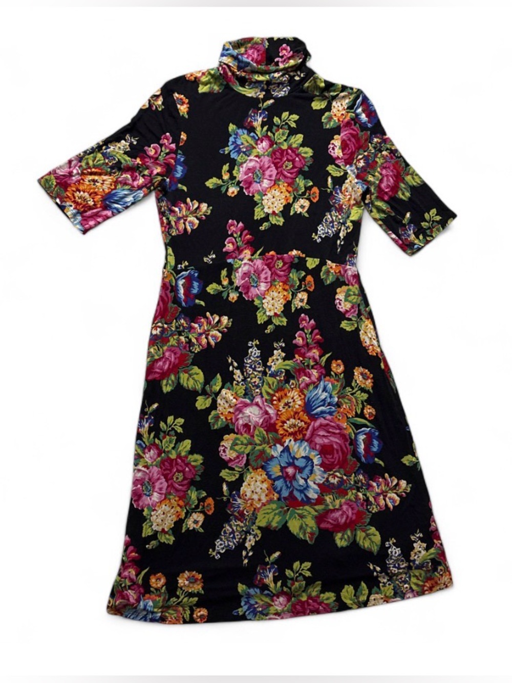 Anthropologie Black Floral Turtleneck Midi Dress with Pink & Blue Blooms